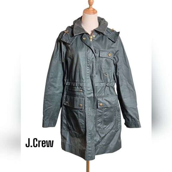 J. Crew Dark Green Women's Hooded Rain Jacket with Corduroy Collar - Picture 1 of 10